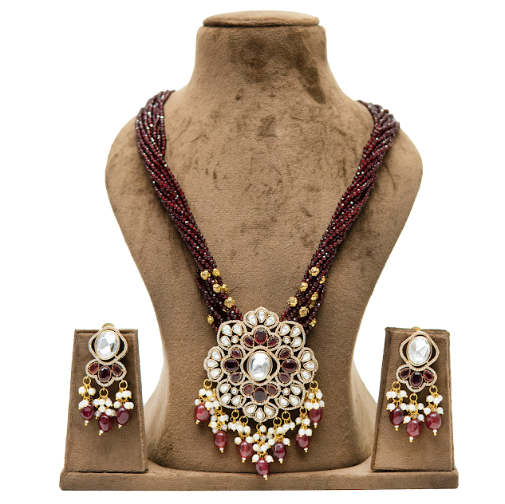 Maroon Kundan Long Bridal Necklace Set